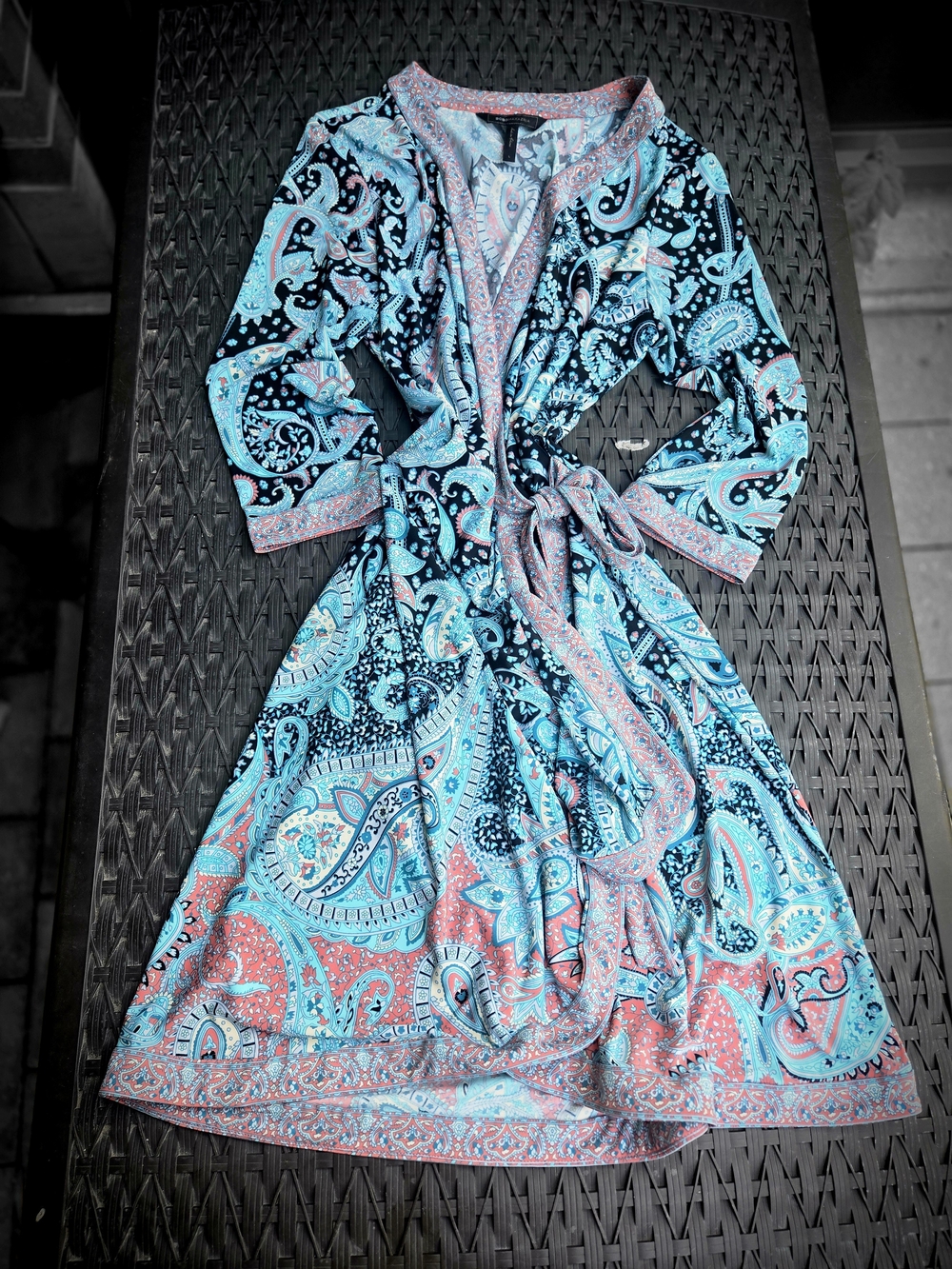 BCBGMaxAzria Turquoise Pink Paisley Midi Wrap Dress US L